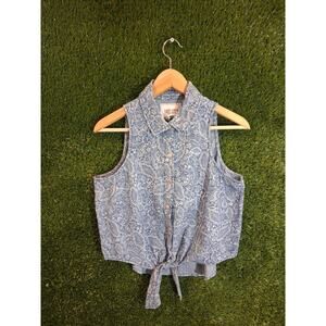 LONE STAR Women's Blue Paisley Sleeveless Tie-Front Crop Shirt Size M Western